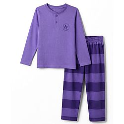 Pine Kids Cotton Knit Full Sleeves T-Shirt & Striped Pyjama Night Suit - Purple