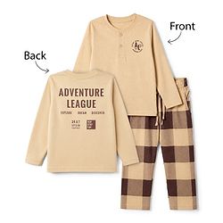 Pine Kids 100% Cotton Bio Washed Single Jersery 180 Gsm Knit Full Sleeves T-Shirt & Pajama Night Suit with Adventure League Text Print & Checks - Beige