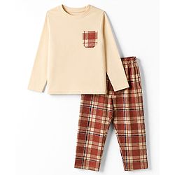 Pine Kids Cotton Knit Full Sleeves T-Shirt & Checks Pyjama Night Suit - Beige