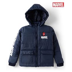 Pine Kids Marvel Woven Full Sleeves Padded Hooded Winter Jacket with Spiderman Badge - Navy Blue