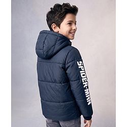 Pine Kids Marvel Woven Full Sleeves Padded Hooded Winter Jacket with Spiderman Badge - Navy Blue