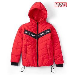 Pine Kids Marvel Woven Hooded Padded Winter Jacket with Full Sleeves and Text Print - Red