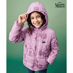Pine Kids Disney Woven Full Sleeves Padded Hooded Winter Jacket With Minnie Mouse Graphic & Badge - Pink