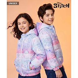 Pine Kids Disney Woven Full Sleeves Padded Hooded Jacket With Stitch Print - Purple & Pink