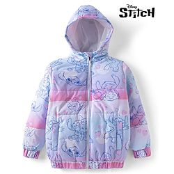Pine Kids Disney Woven Full Sleeves Padded Hooded Jacket With Stitch Print - Purple & Pink
