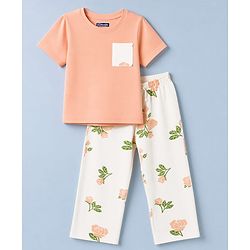 Pine Kids Cotton Knit Half sleeves T-Shirt & Pajama Night Suit With Floral Print -  White & Peach