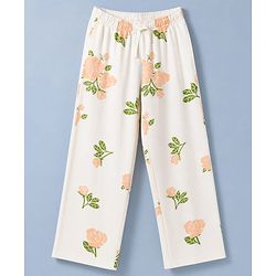 Pine Kids Cotton Knit Half sleeves T-Shirt & Pajama Night Suit With Floral Print -  White & Peach