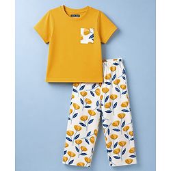 Pine Kids Cotton Knit Half Sleeves T-Shirt & Pyjama Night Suit With Floral Print - Yellow