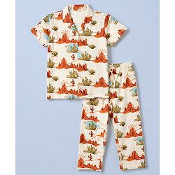 Pine Kids 100% Cotton Knit Bio Washed Single Jersery 180 Gsm Half Sleeves Co-ord Shirt & Pajama Night Suit with Dessert & Cactus Print - Off White