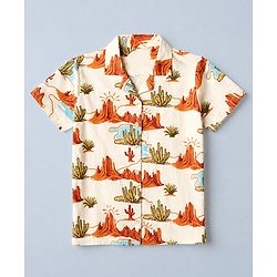 Pine Kids 100% Cotton Knit Bio Washed Single Jersery 180 Gsm Half Sleeves Co-ord Shirt & Pajama Night Suit with Dessert & Cactus Print - Off White