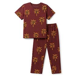 Pine Kids Cotton Knit Half Sleeves Co-Ords T-Shirt & Pyjama Night Suit with Coconut Tree Print - Brown