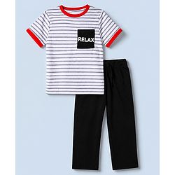 Pine Kids 100% Cotton Bio Washed Single Jersery 180 Gsm Knit T-Shirt & Pajama Night Suit with Stripes & Relax Print - White