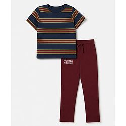 Pine Kids Cotton knit Half Sleeves Striped T-Shirt & Pyjama Night Suit - Navy Blue