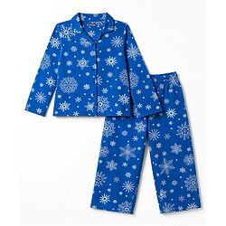 Pine Kids Cotton Knit Full Sleeves Shirt & Pajama Co-Ords Night Suit With Snowflakes  Print - Blue