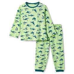 Pine Kids 100% Cotton Knit Full Sleeves T-Shirt & Pyjama Co-Ords Set With Whale Print - Limegreen