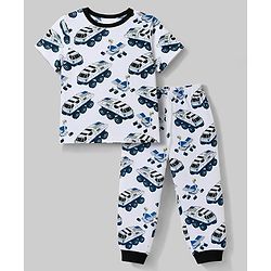 Pine Kids Cotton Knit Half Sleeves Vehicle Printed T-Shirt & Pyjama Co-Ords Night Suit - White & Blue