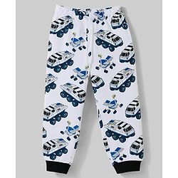 Pine Kids Cotton Knit Half Sleeves Vehicle Printed T-Shirt & Pyjama Co-Ords Night Suit - White & Blue