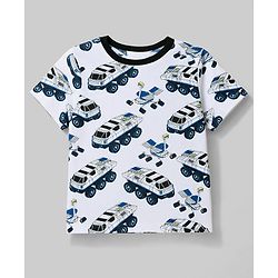 Pine Kids Cotton Knit Half Sleeves Vehicle Printed T-Shirt & Pyjama Co-Ords Night Suit - White & Blue