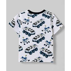 Pine Kids Cotton Knit Half Sleeves Vehicle Printed T-Shirt & Pyjama Co-Ords Night Suit - White & Blue