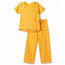 Pine Kids Cotton Knit Half Sleeves Co-Ords Top & Pyjama Night Suit with Heart Print - Yellow