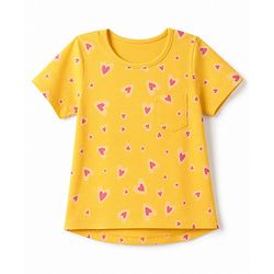 Pine Kids Cotton Knit Half Sleeves Co-Ords Top & Pyjama Night Suit with Heart Print - Yellow