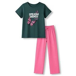 Pine Kids Cotton Knit Half Sleeves Top & Pyjama Night Suit with Text & Butterfly Print - Dark Green