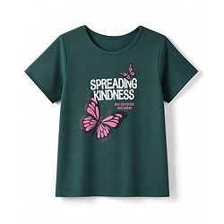Pine Kids Cotton Knit Half Sleeves Top & Pyjama Night Suit with Text & Butterfly Print - Dark Green