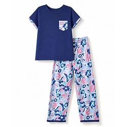 Pine Kids Cotton Knit Half Sleeves Top & Pyjama Night Suit with Floral Print -Navy Blue