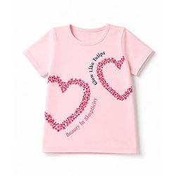 Pine Kids Cotton Knit Half Sleeves Top & Pyjama Night Suit with Heart, Text & Floral Print - Pink