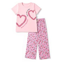 Pine Kids Cotton Knit Half Sleeves Top & Pyjama Night Suit with Heart, Text & Floral Print - Pink