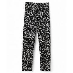 Pine Kids Cotton Lycra Knit Full Length Leggings with Floral Print - Black