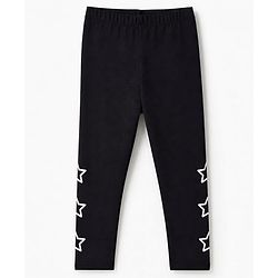 Pine Kids Cotton Lycra Knit Full Length Star Printed Leggings- Black