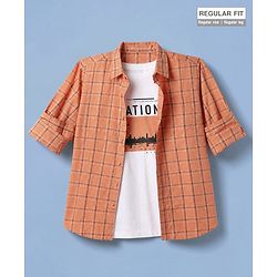 Pine Kids 100% Cotton Woven Full Sleeves Checked Shirt and T-Shirt with Nation Print - Rust Orange
