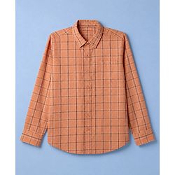 Pine Kids 100% Cotton Woven Full Sleeves Checked Shirt and T-Shirt with Nation Print - Rust Orange