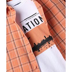 Pine Kids 100% Cotton Woven Full Sleeves Checked Shirt and T-Shirt with Nation Print - Rust Orange