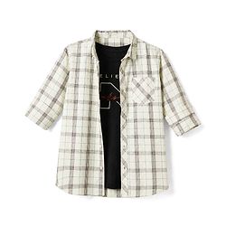 Pine Kids 100% Cotton Woven Full Sleeves Checks Shirts and T-shirt with Half Sleeves Tee and Believe In Yourself Print - Beige