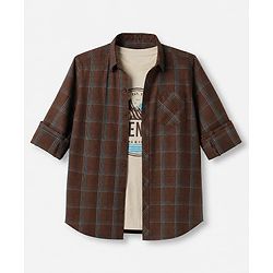 Pine Kids 100% Cotton Woven Shirts with Tank Top and Full Sleeves and Mountains Print - Brown