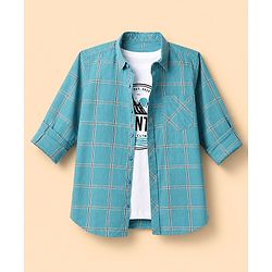 Pine Kids 100% Cotton Woven Shirts with Tank Top and Full Sleeves and Mountains Print - Turquoise