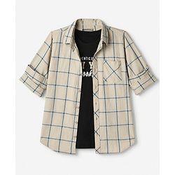 Pine Kids 100% Cotton Woven Shirt with T Shirt Full Sleeves and Authentic Edition New York Brooklyn Print in Beige