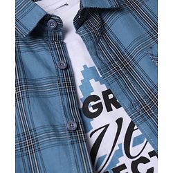 Pine Kids 100% Cotton Woven Half Sleeves Checked Shirt and T-Shirt with Progress With Process Text Print in Light Blue