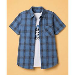Pine Kids 100% Cotton Woven Half Sleeves Checked Shirt and T-Shirt with Progress With Process Text Print in Light Blue