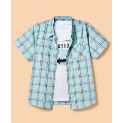 Pine Kids 100% Cotton Woven Full Sleeves Checks Shirts and T-shirt with Half Sleeves and Aviation Text Print - Mint Green