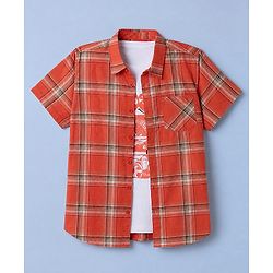 Pine Kids 100% Cotton Woven Checks Shirt with T-Shirt and Half Sleeves in Rust Orange