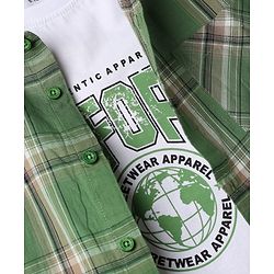 Pine Kids 100% Cotton Woven Half Sleeves Checked Shirt and T-Shirt with California Text Print - Green