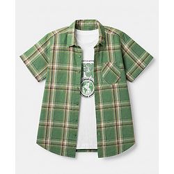 Pine Kids 100% Cotton Woven Half Sleeves Checked Shirt and T-Shirt with California Text Print - Green