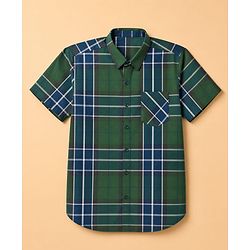 Pine Kids Cotton Woven Half Sleeves Checks Shirt With Text Printed Tee - Olive Green