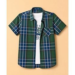 Pine Kids Cotton Woven Half Sleeves Checks Shirt With Text Printed Tee - Olive Green