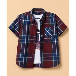 Pine Kids Cotton Woven Half Sleeves Checks Shirt and T Shirt with American Classic Motorcycle Print in Maroon