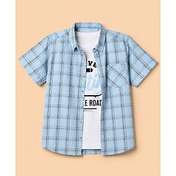 Pine Kids 100% Cotton Woven Full Sleeves Checks Shirts and T-shirt with Half Sleeves and Forever Skating Text Print - Light Blue