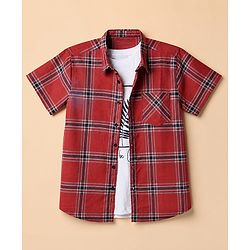 Pine Kids 100% Cotton Woven Half Sleeves Checks Shirts and T-Shirt in Maroon for 4-5 Years
